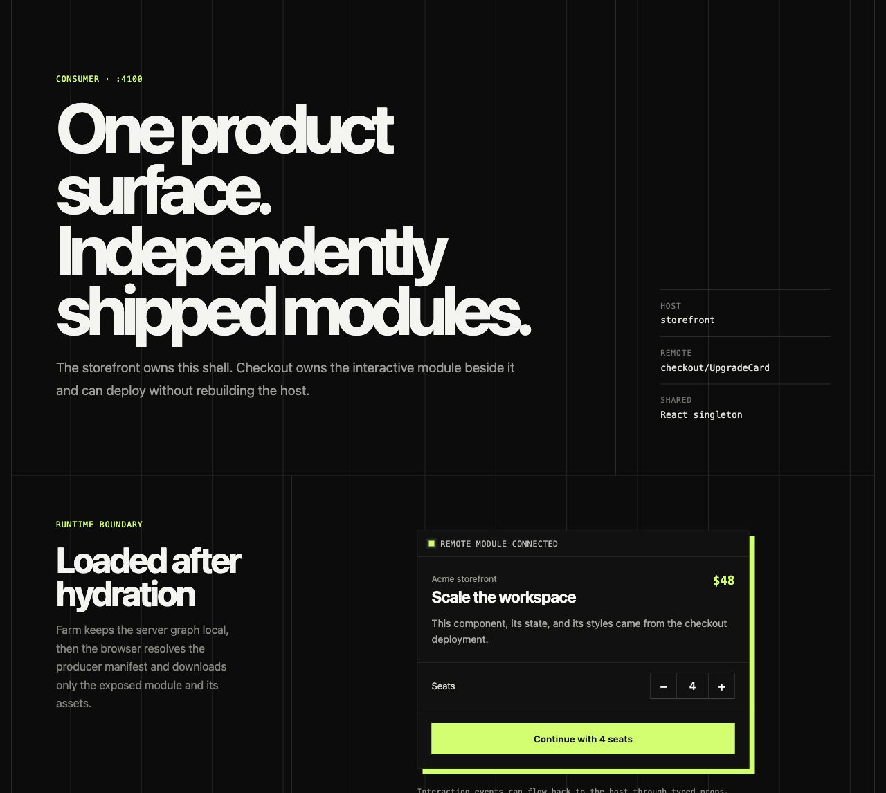 A Farm host loading an independently deployed checkout module after hydration